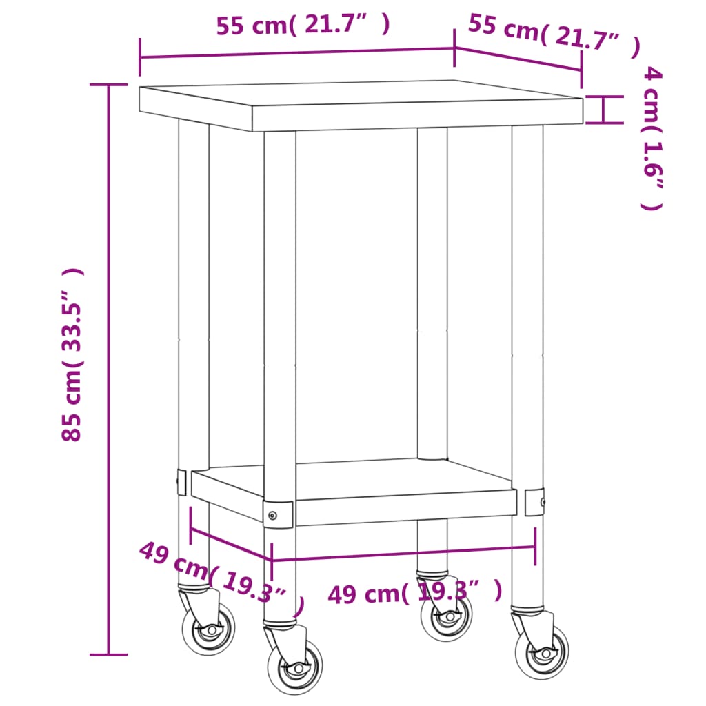 Keukenwerktafel met wielen 82,5x55x85 cm roestvrij staal