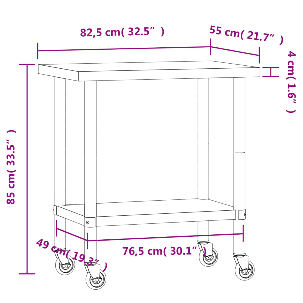 Keukenwerktafel met wielen 82,5x55x85 cm roestvrij staal