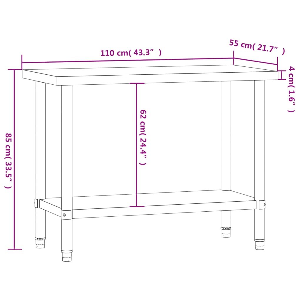 Keukenwerktafel met wielen 110x55x85 cm roestvrij staal