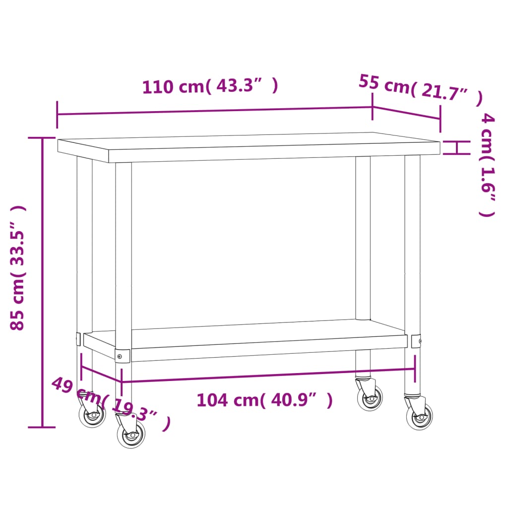 Keukenwerktafel met wielen 110x55x85 cm roestvrij staal