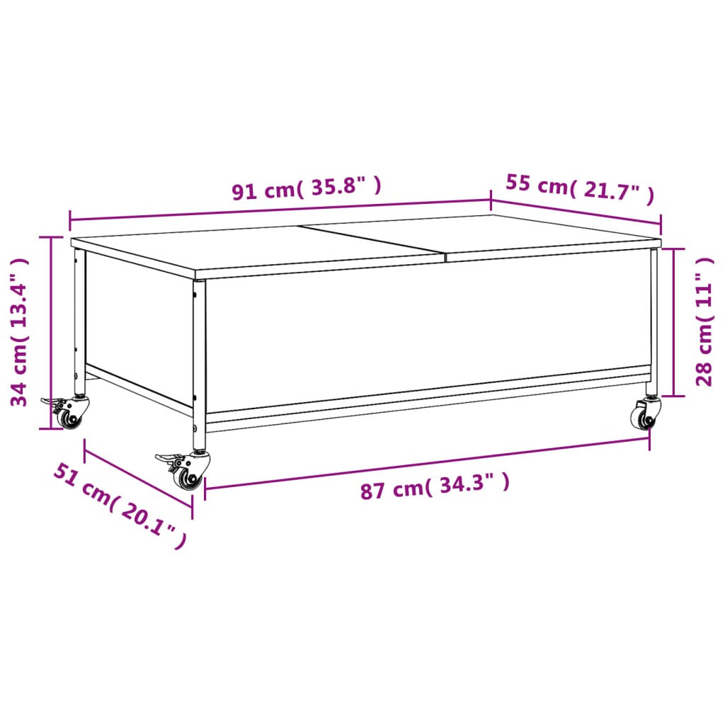 Salontafel met wielen 91x55x34 cm bewerkt hout