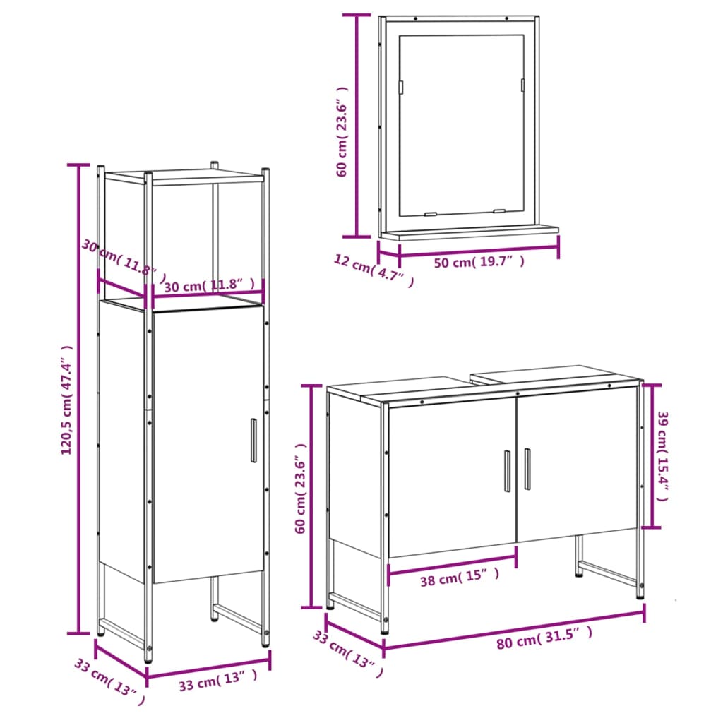 3-delige Badkamerkastenset bewerkt hout