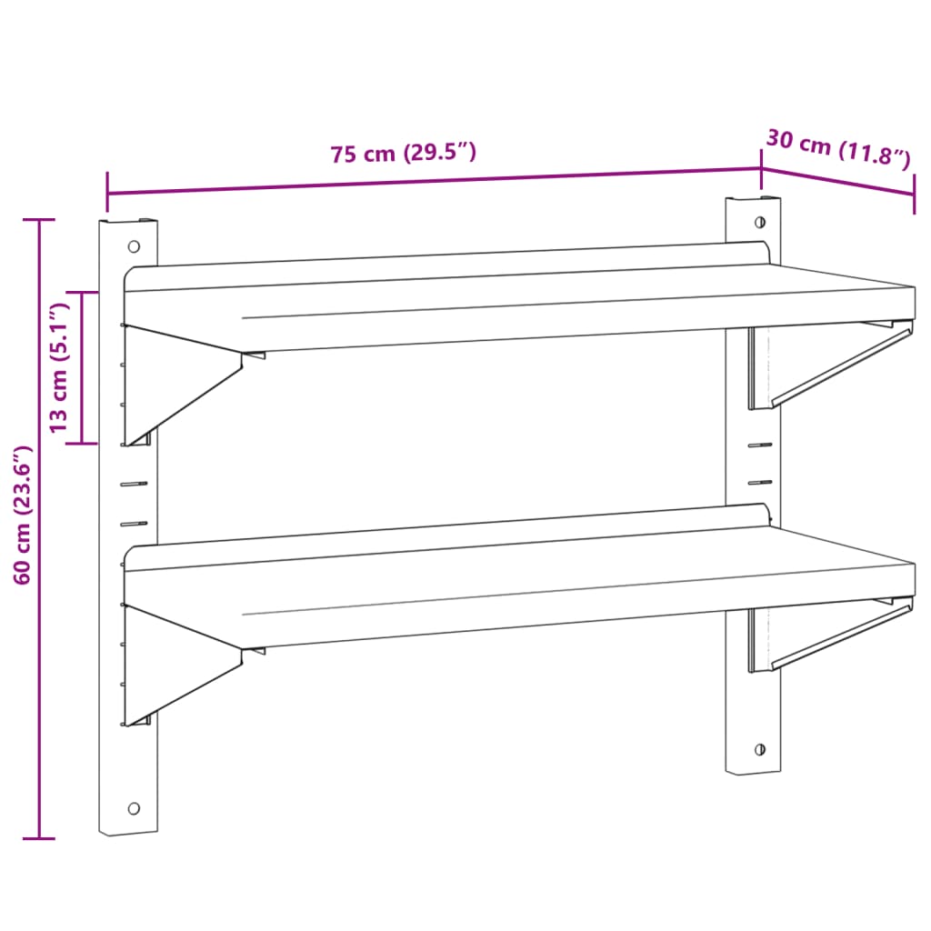 Wandschap 2-laags 100x40x60 cm roestvrijstaal zilverkleurig