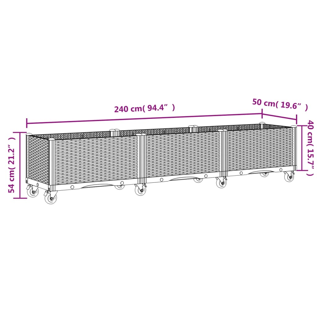 Plantenbak met wielen 100x80x54 cm polypropeen bruin