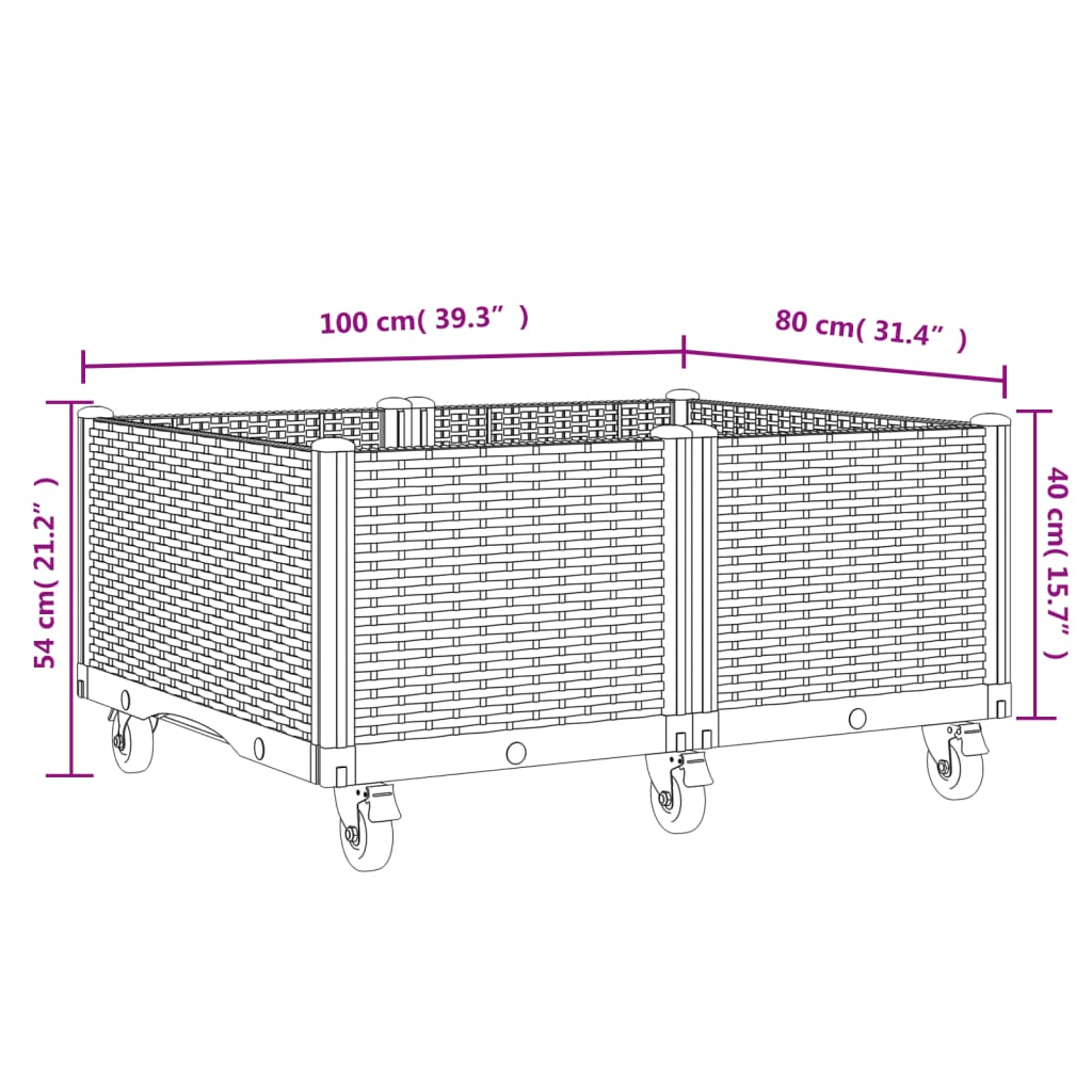 Plantenbak met wielen 100x80x54 cm polypropeen bruin