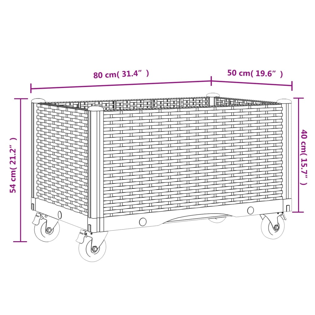 Plantenbak met wielen 100x80x54 cm polypropeen bruin