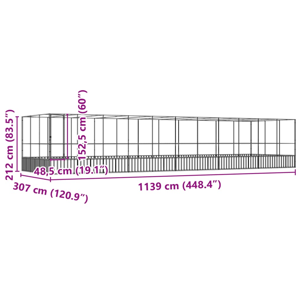 Volière met verlengstuk 418x207x212 m staal zilverkleurig