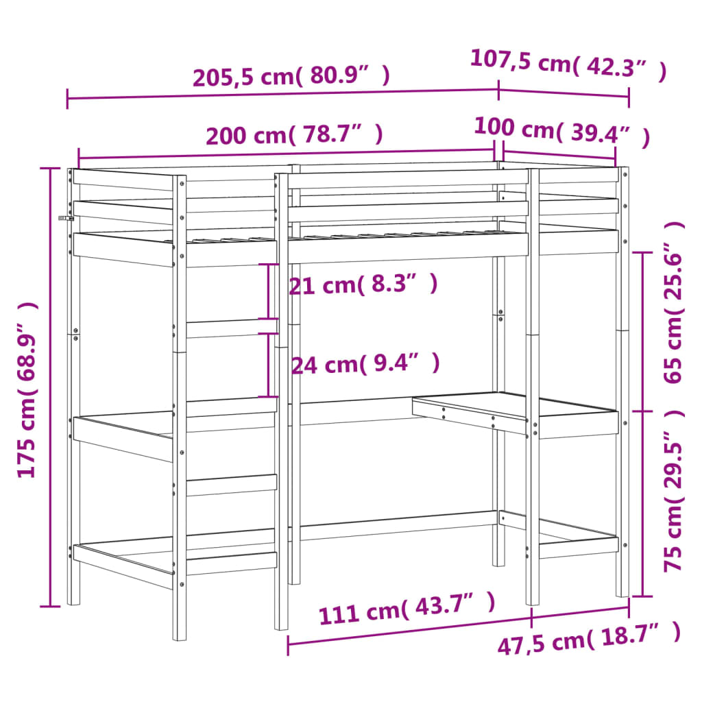 Hoogslaper mer bureau massief grenenhout 100x200 cm