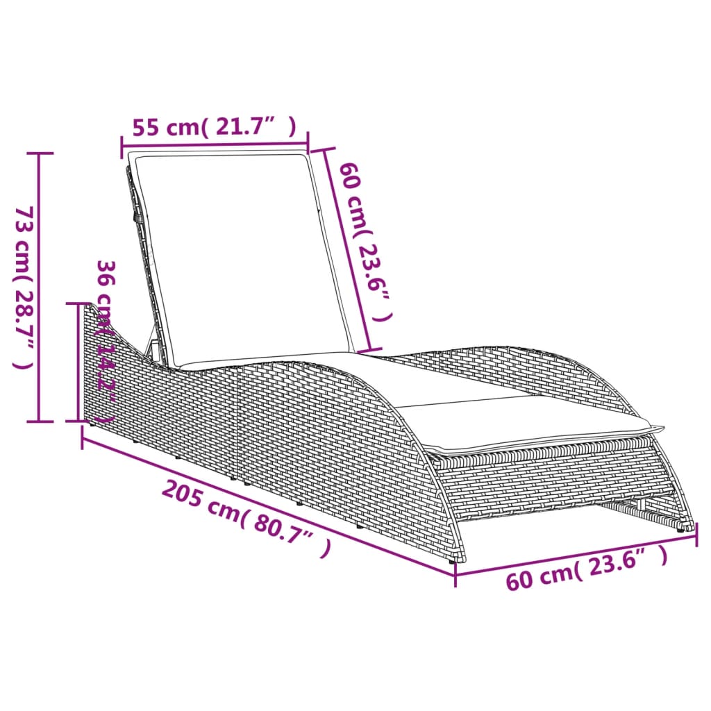 Ligbed met kussens 114x205x73 cm poly rattan bruin