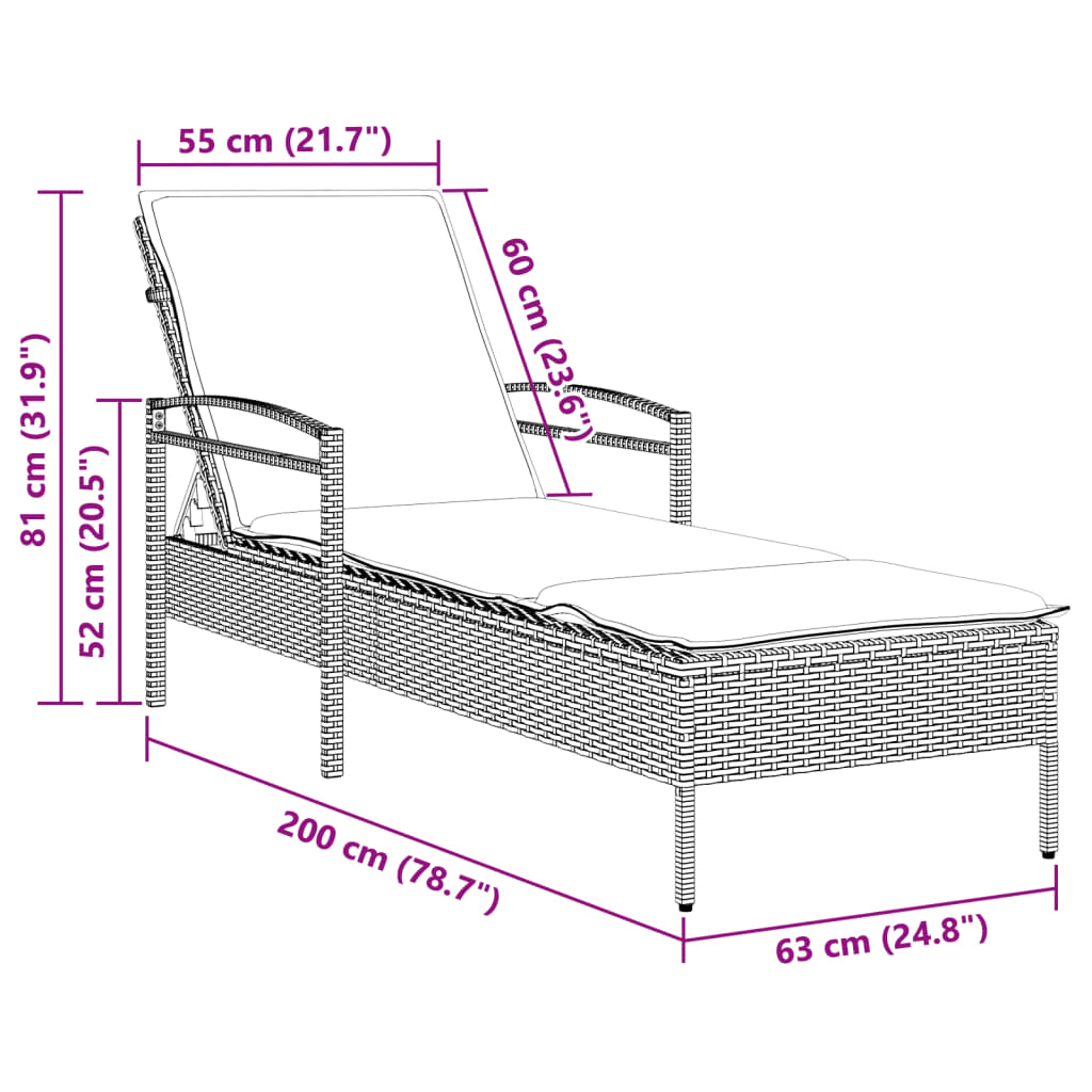 Ligbed met kussen 63x200x81 cm poly rattan lichtgrijs