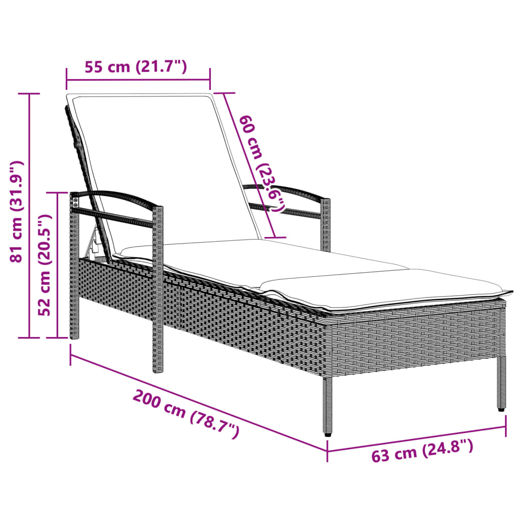 Ligbed met kussen 63x200x81 cm poly rattan lichtgrijs