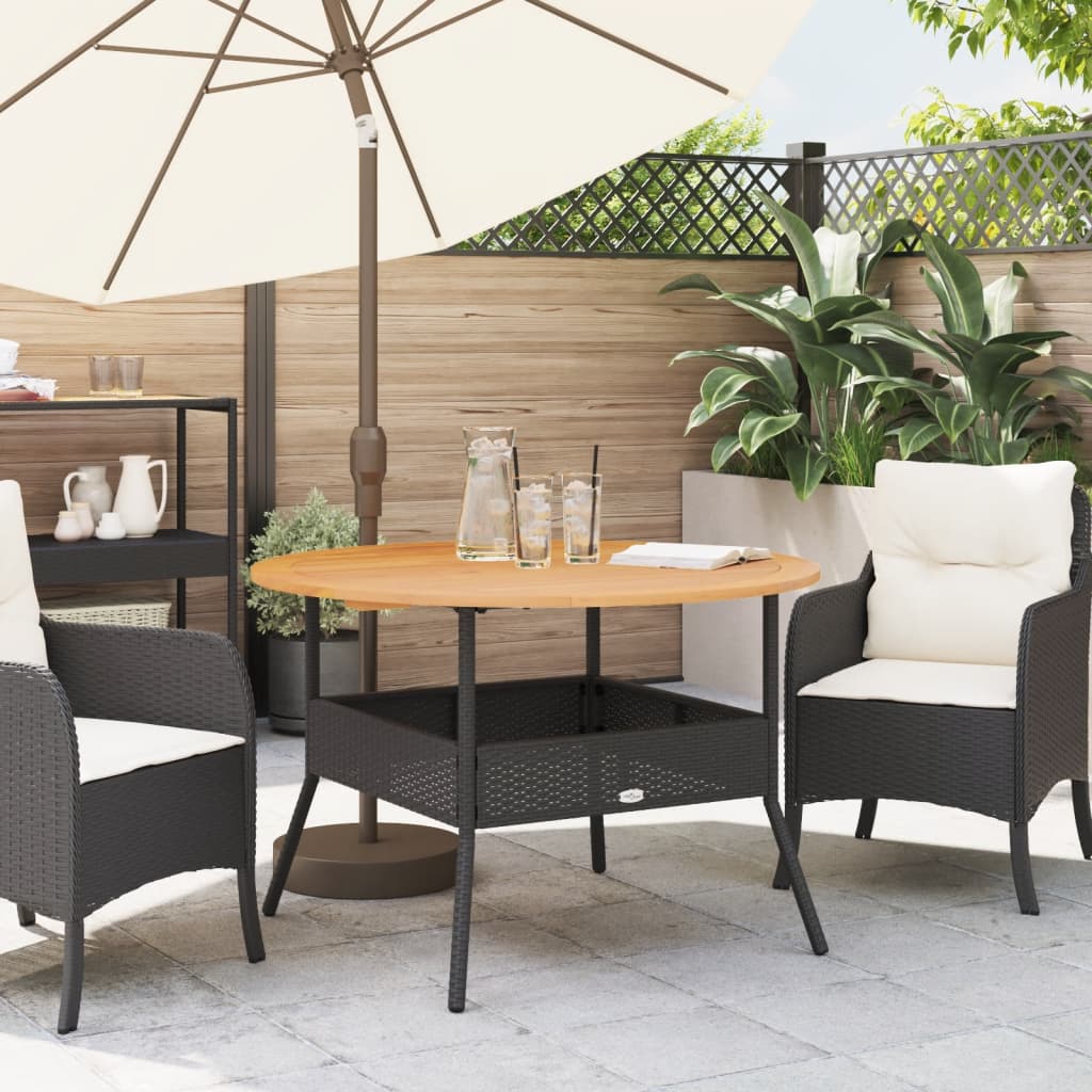 Tuintafel met acaciahouten blad Ø110x71 cm poly rattan zwart