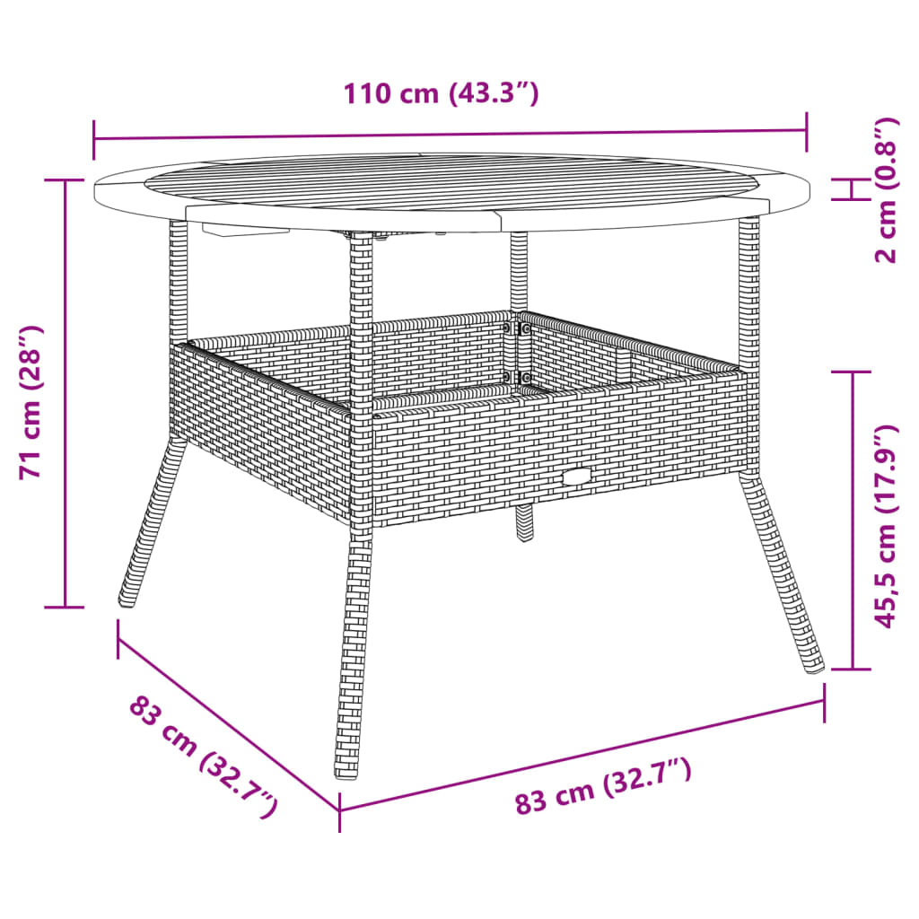 Tuintafel met acaciahouten blad Ø110x71 cm poly rattan zwart