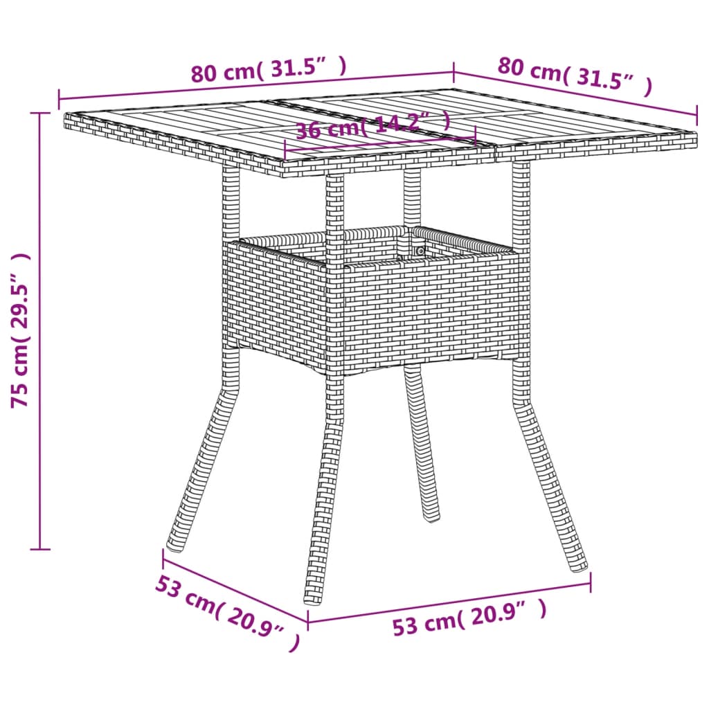 Tuintafel met acaciahouten blad 80x80x75 cm poly rattan