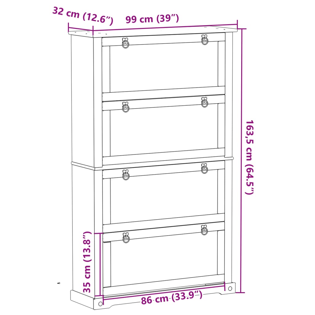 Schoenenkast Corona 99x32x138 cm massief grenenhout