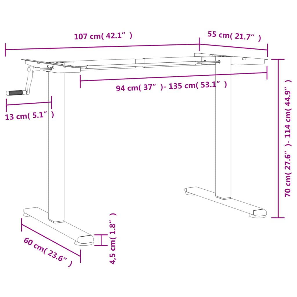 Zit-sta bureauframe (94-135)x60x(70-114) cm staal wit