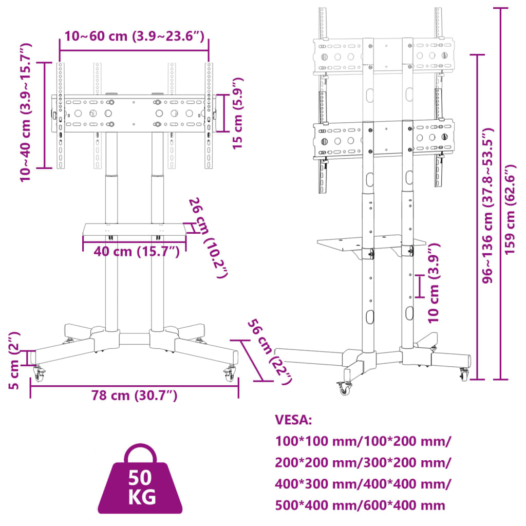 Tv-standaard wielen 32"-90" scherm 100 kg Max VESA 800x600 mm