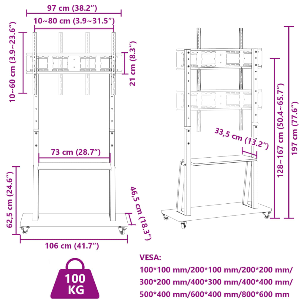 Tv-standaard wielen 32"-90" scherm 100 kg Max VESA 800x600 mm