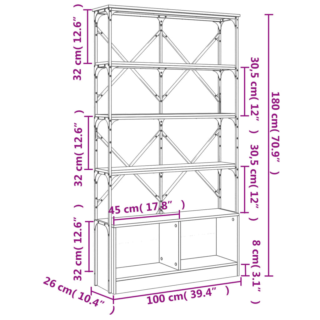 Boekenkast 100x26x180 cm bewerkt hout en metaal zwart