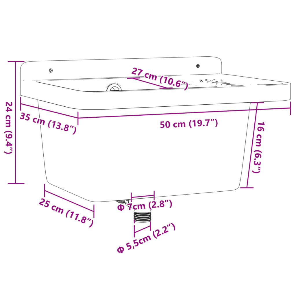 Gootsteen wandgemonteerd 60x40x28 cm hars wit