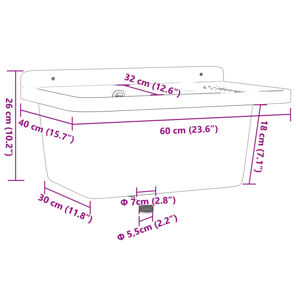 Gootsteen wandgemonteerd 60x40x28 cm hars wit