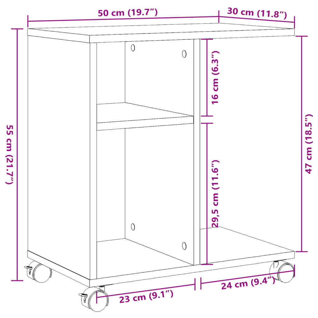 Bijzettafel met wielen 50x30x55 cm bewerkt hout