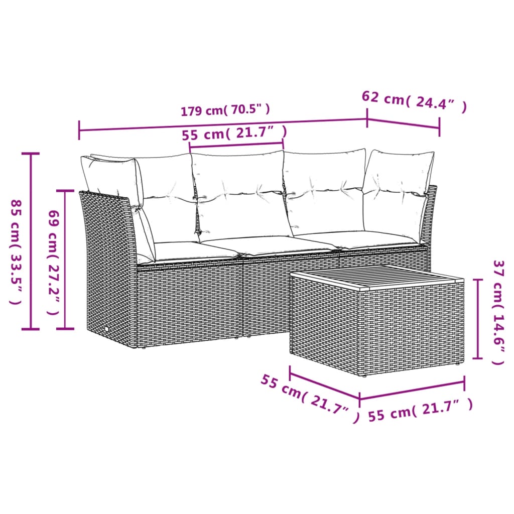 4-delige Loungeset met kussens poly rattan