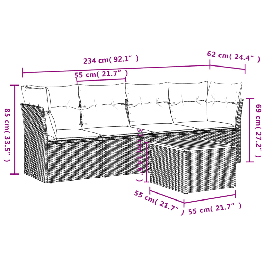 5-delige Loungeset met kussens poly rattan