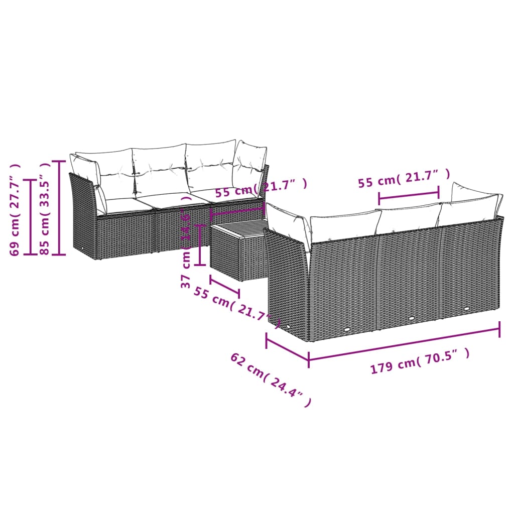 7-delige Loungeset met kussens poly rattan