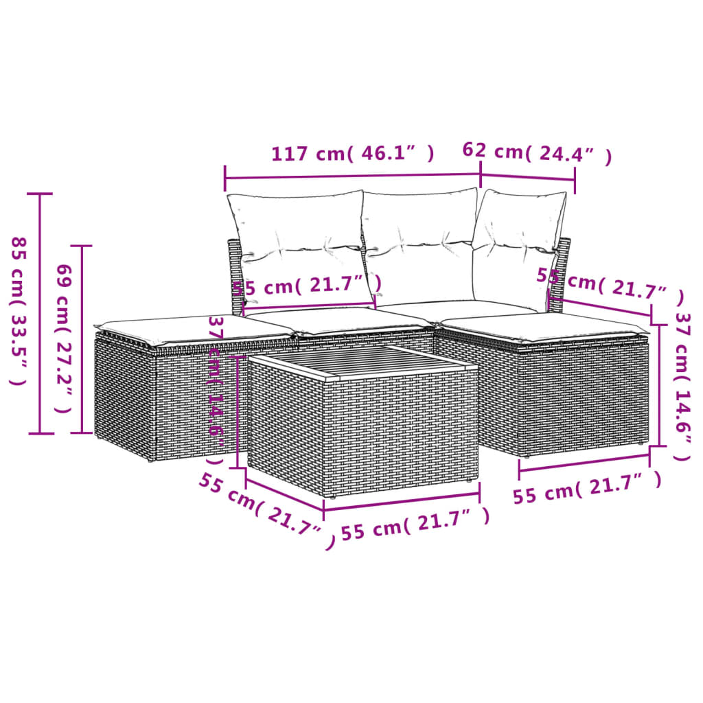 5-delige Loungeset met kussens poly rattan