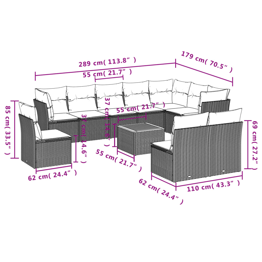 11-delige Tuinset met kussens poly rattan