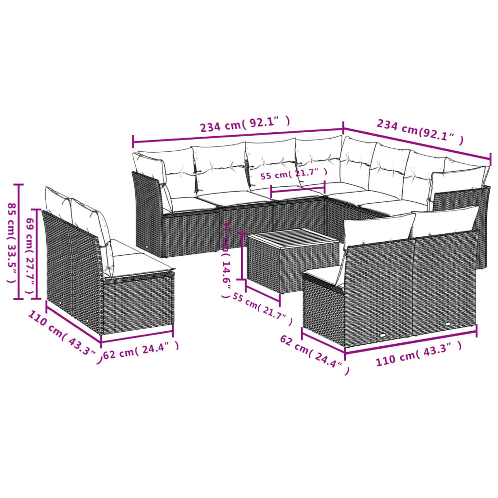 12-delige Loungeset met kussens poly rattan