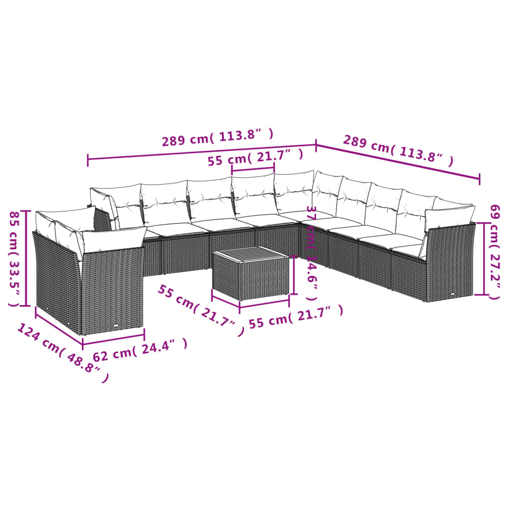 12-delige Loungeset met kussens poly rattan beige