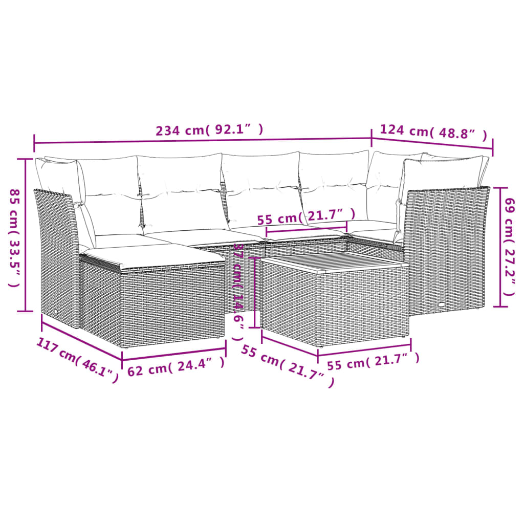 7-delige Loungeset met kussens poly rattan