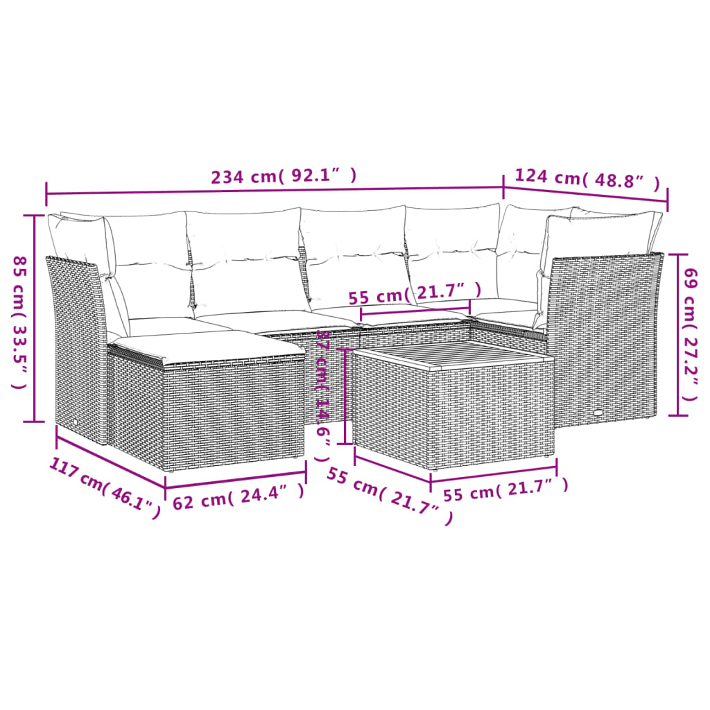 7-delige Loungeset met kussens poly rattan