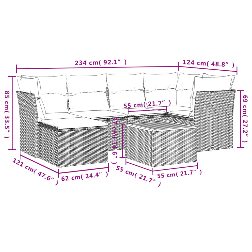 7-delige Loungeset met kussens poly rattan