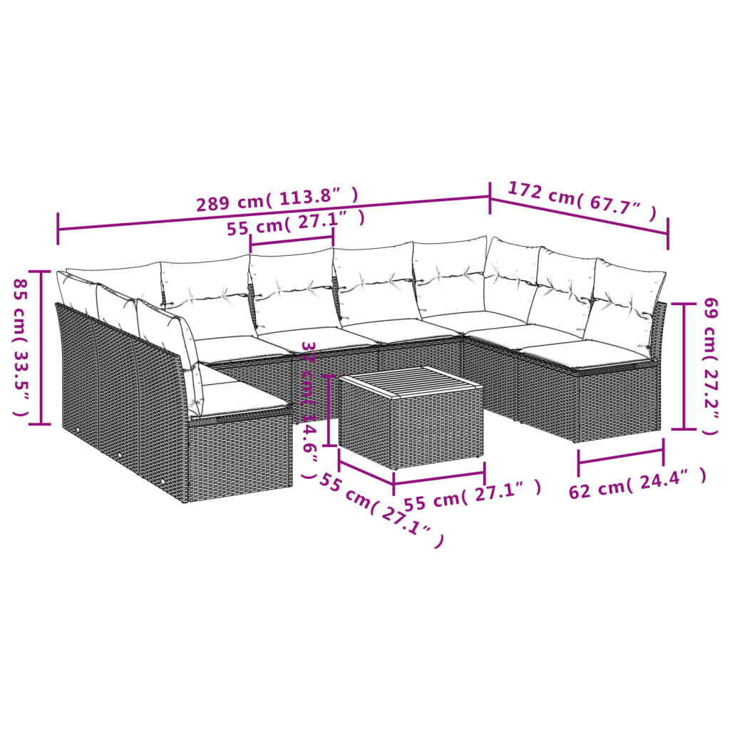 10-delige Loungeset met kussens poly rattan