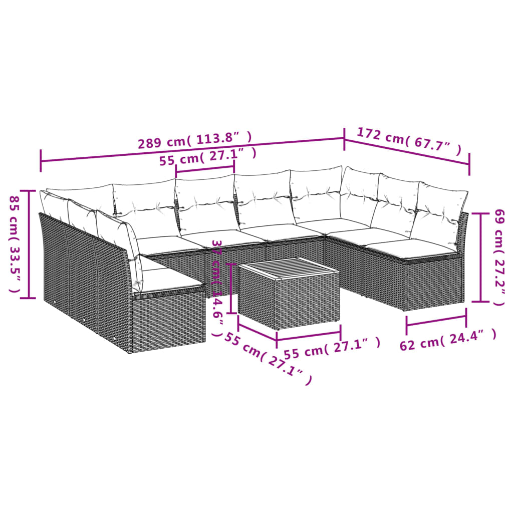 10-delige Loungeset met kussens poly rattan