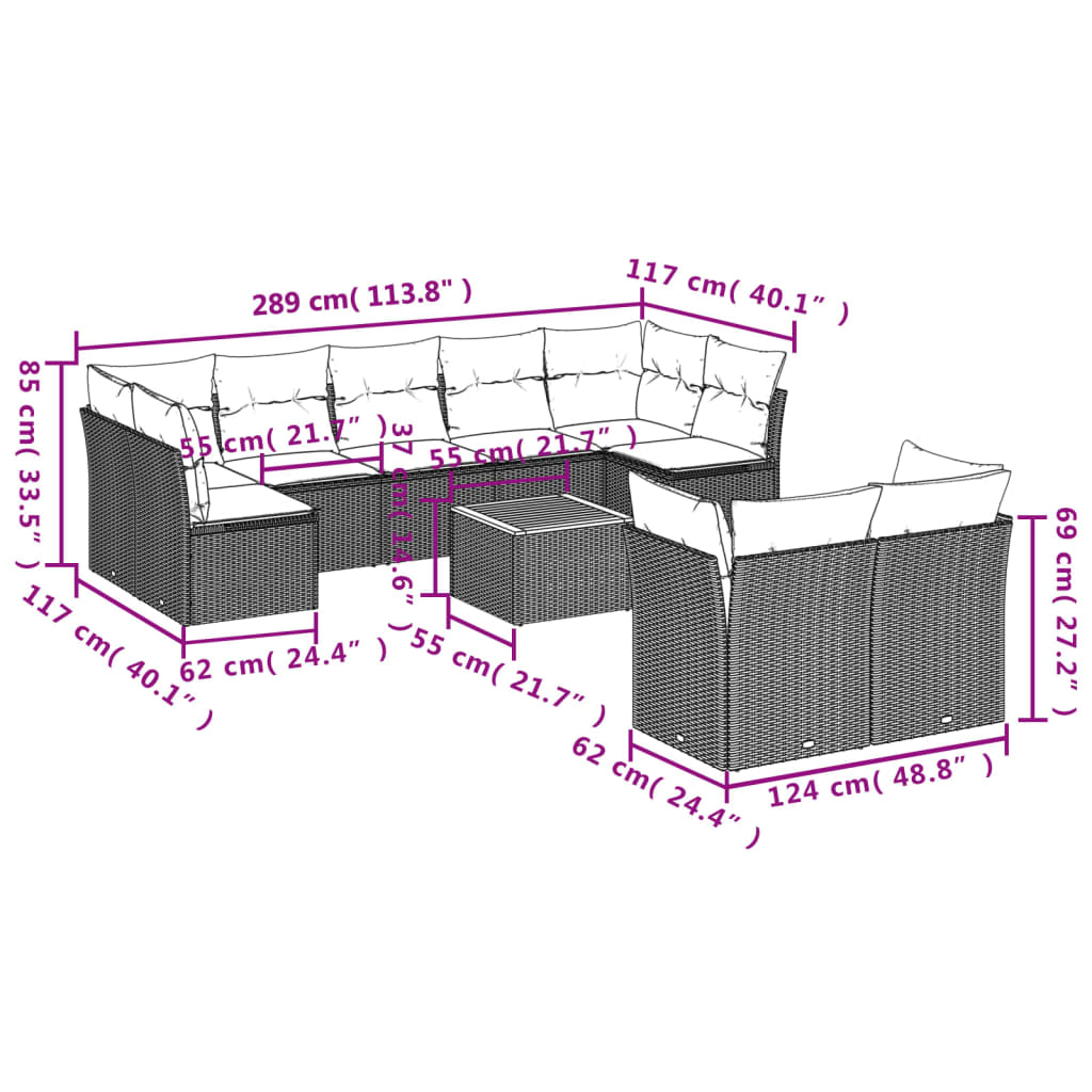 10-delige Loungeset met kussens poly rattan grijs