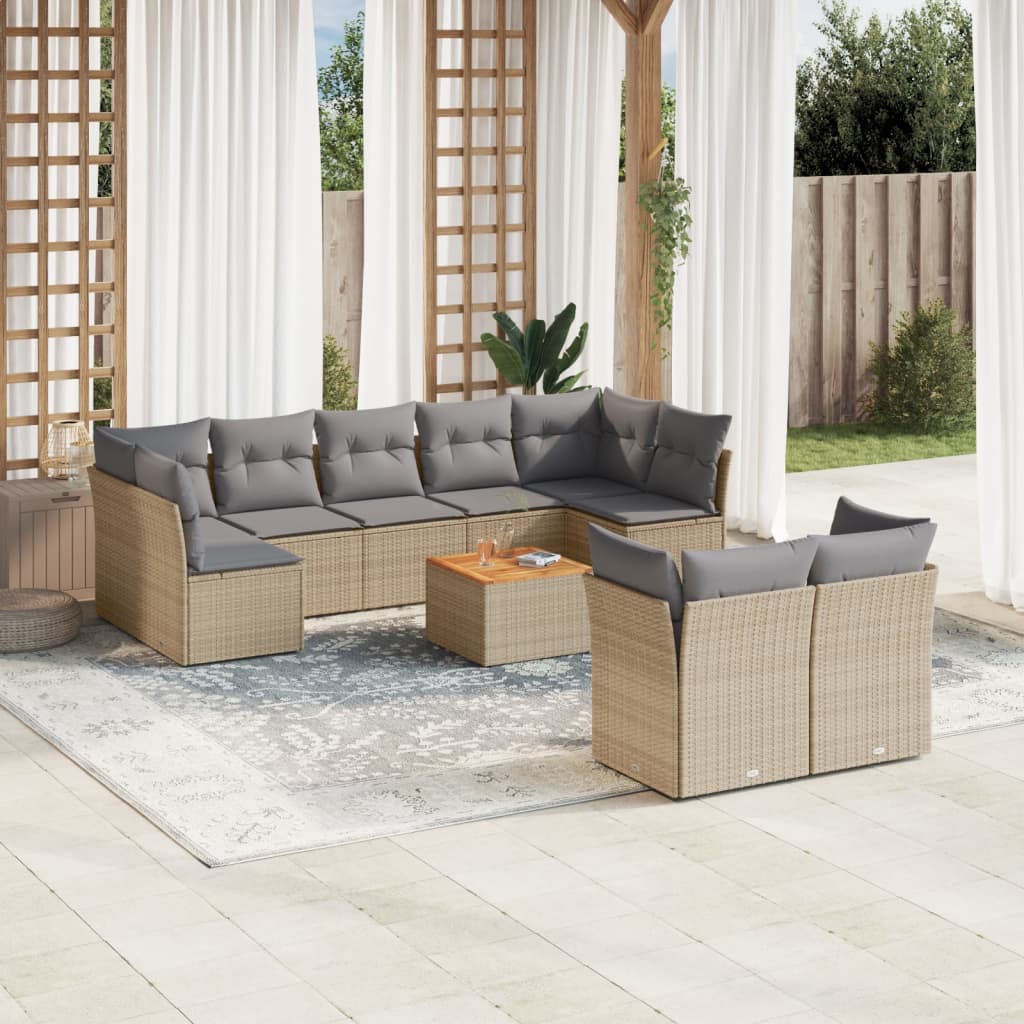 10-delige Loungeset met kussens poly rattan grijs