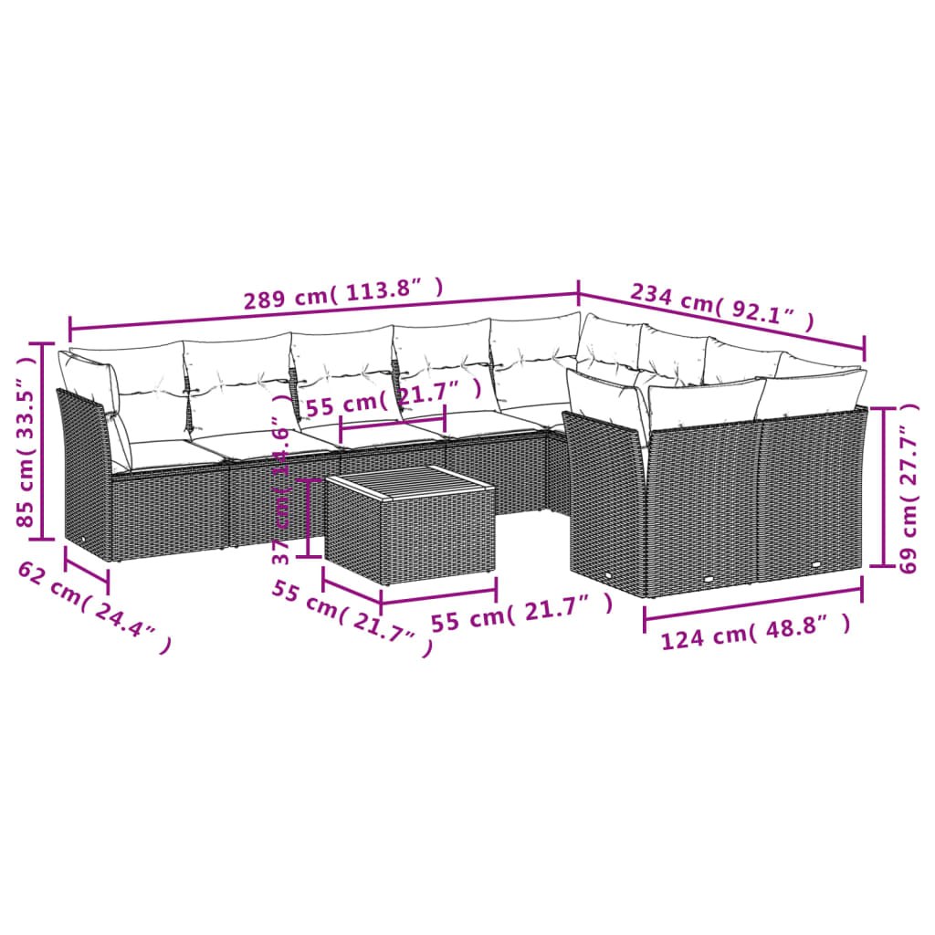 10-delige Loungeset met kussens poly rattan grijs