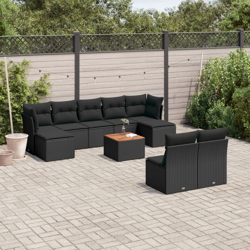 10-delige Loungeset met kussens poly rattan zwart