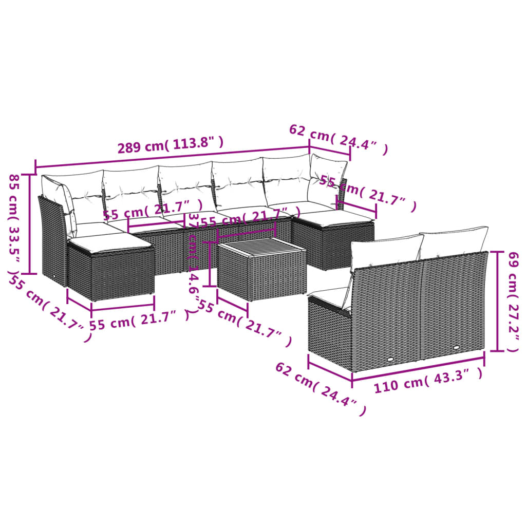 10-delige Loungeset met kussens poly rattan zwart