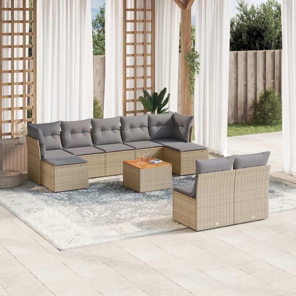 10-delige Loungeset met kussens poly rattan zwart