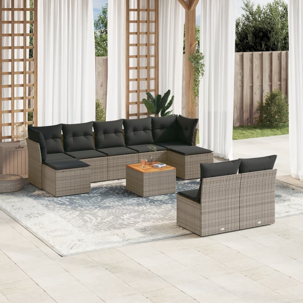 10-delige Loungeset met kussens poly rattan zwart