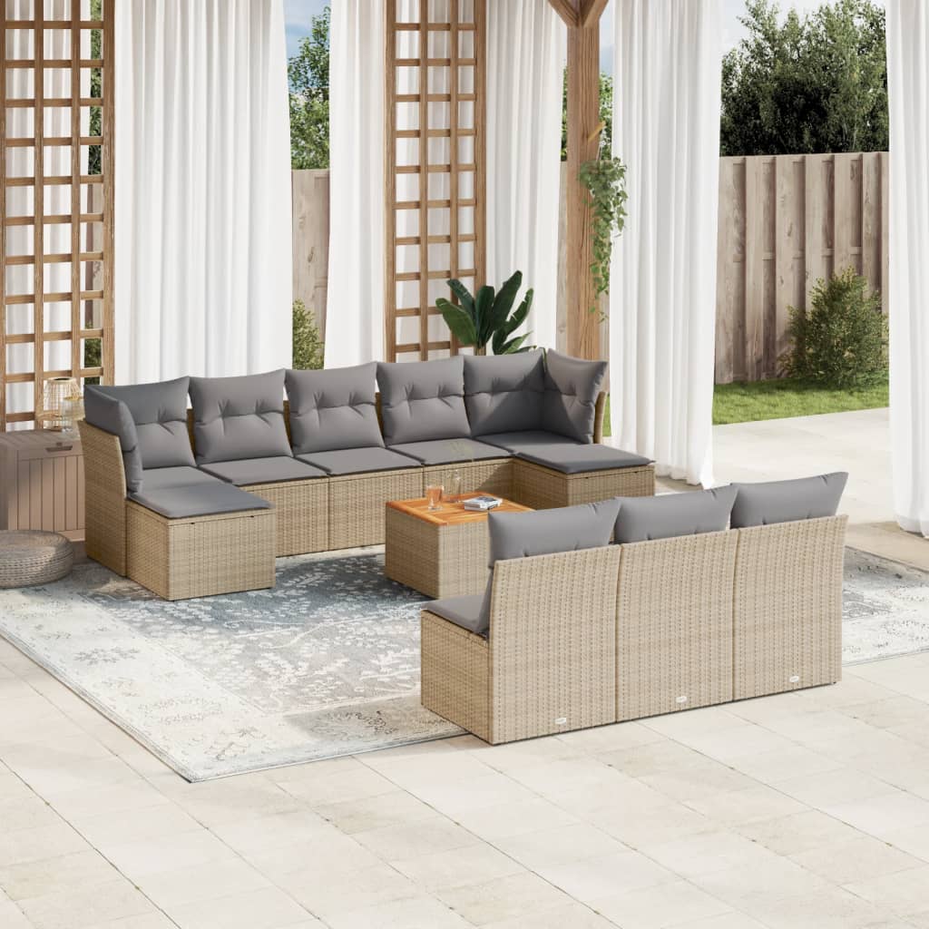 11-delige Tuinset met kussens poly rattan beige