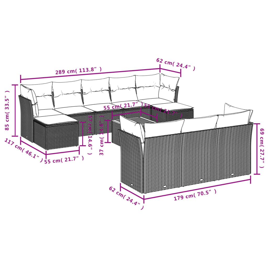 11-delige Tuinset met kussens poly rattan beige