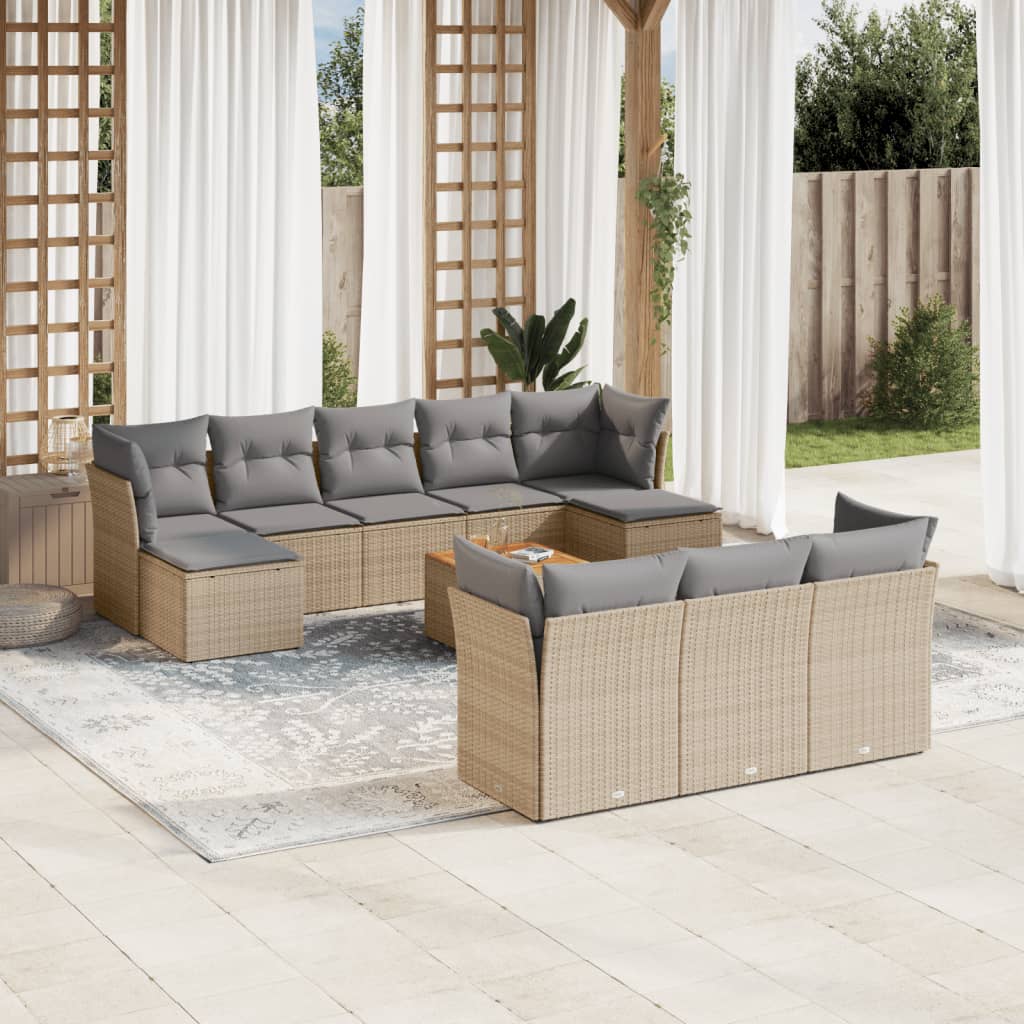 11-delige Tuinset met kussens poly rattan beige