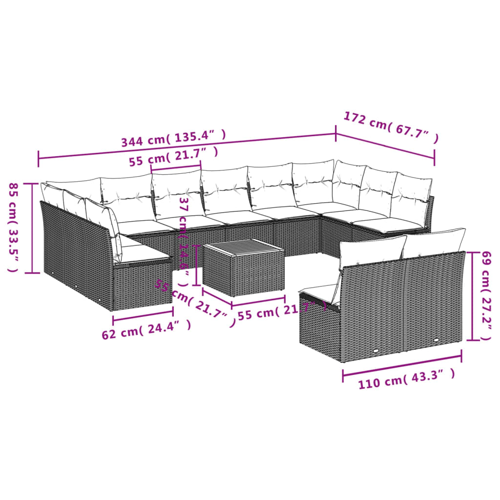 13-delige Loungeset met kussens poly rattan beige