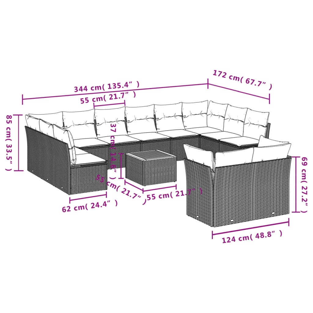 13-delige Loungeset met kussens poly rattan